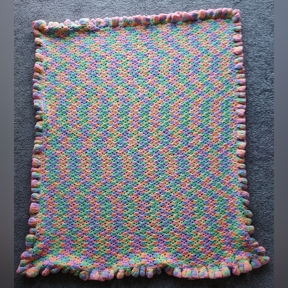 Hand Crochet Handmade Soft Baby Blanket Multi Pastel Colors Ruffled Edge 36"x46"